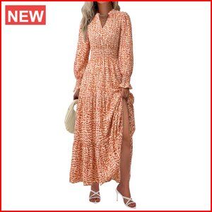 Floral Maxi Dress Long Sleeve V Neck A Line Boho Dresses with Pockets
